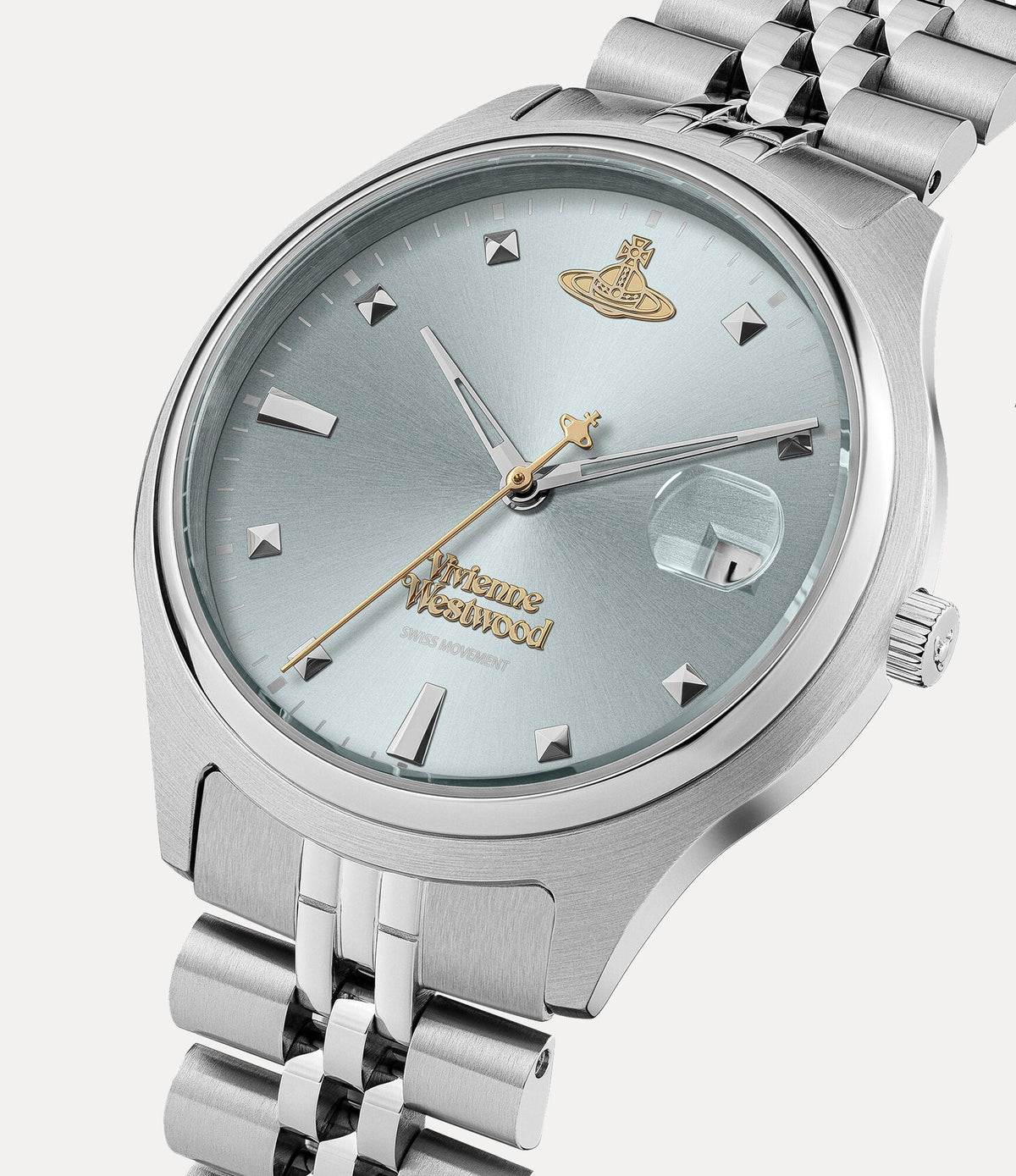 Vivienne Westwood Bloomsbury dial detail showing light blue face with gold orb logo and silver markers