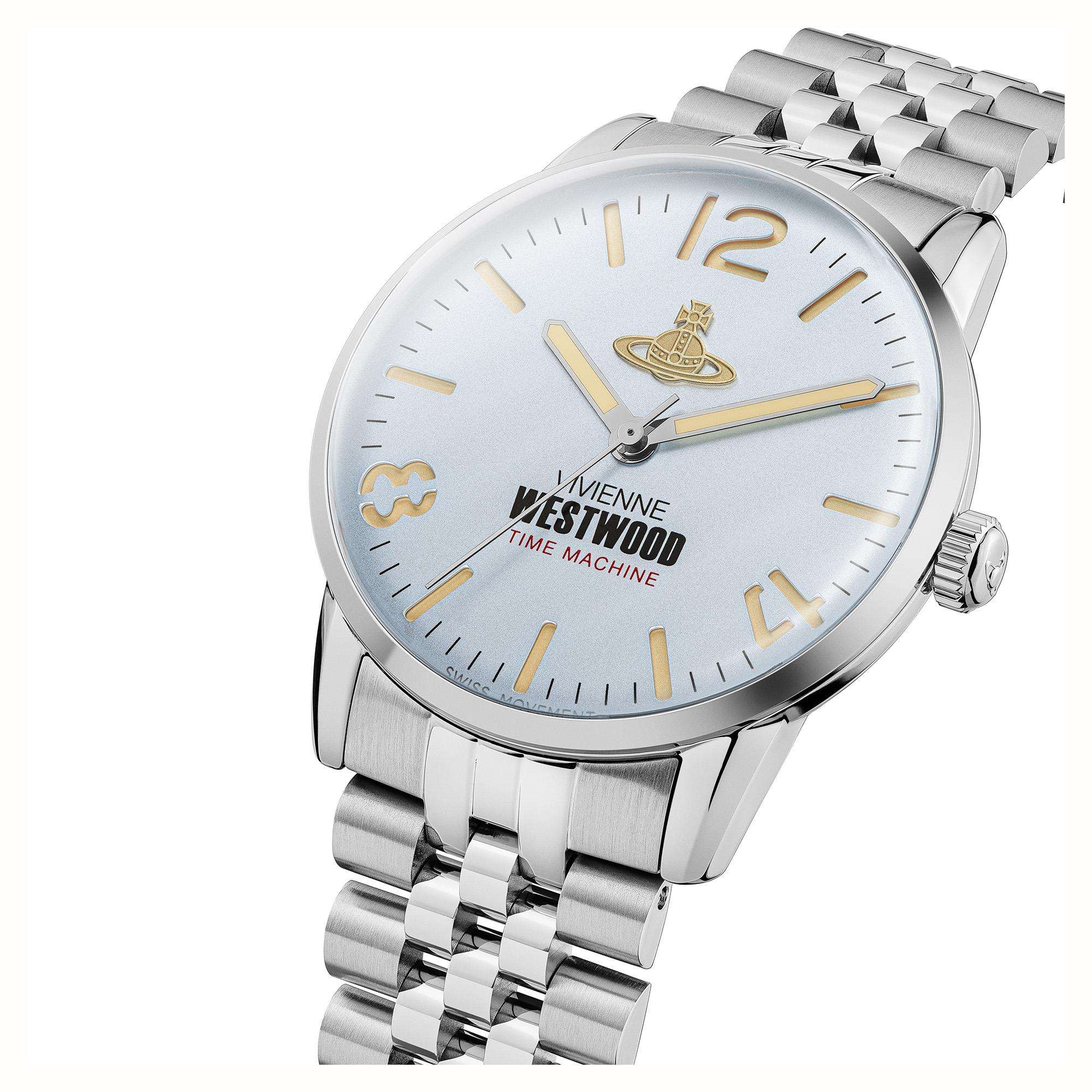 Angled view of Cadogan watch showing dial and stainless steel bracelet