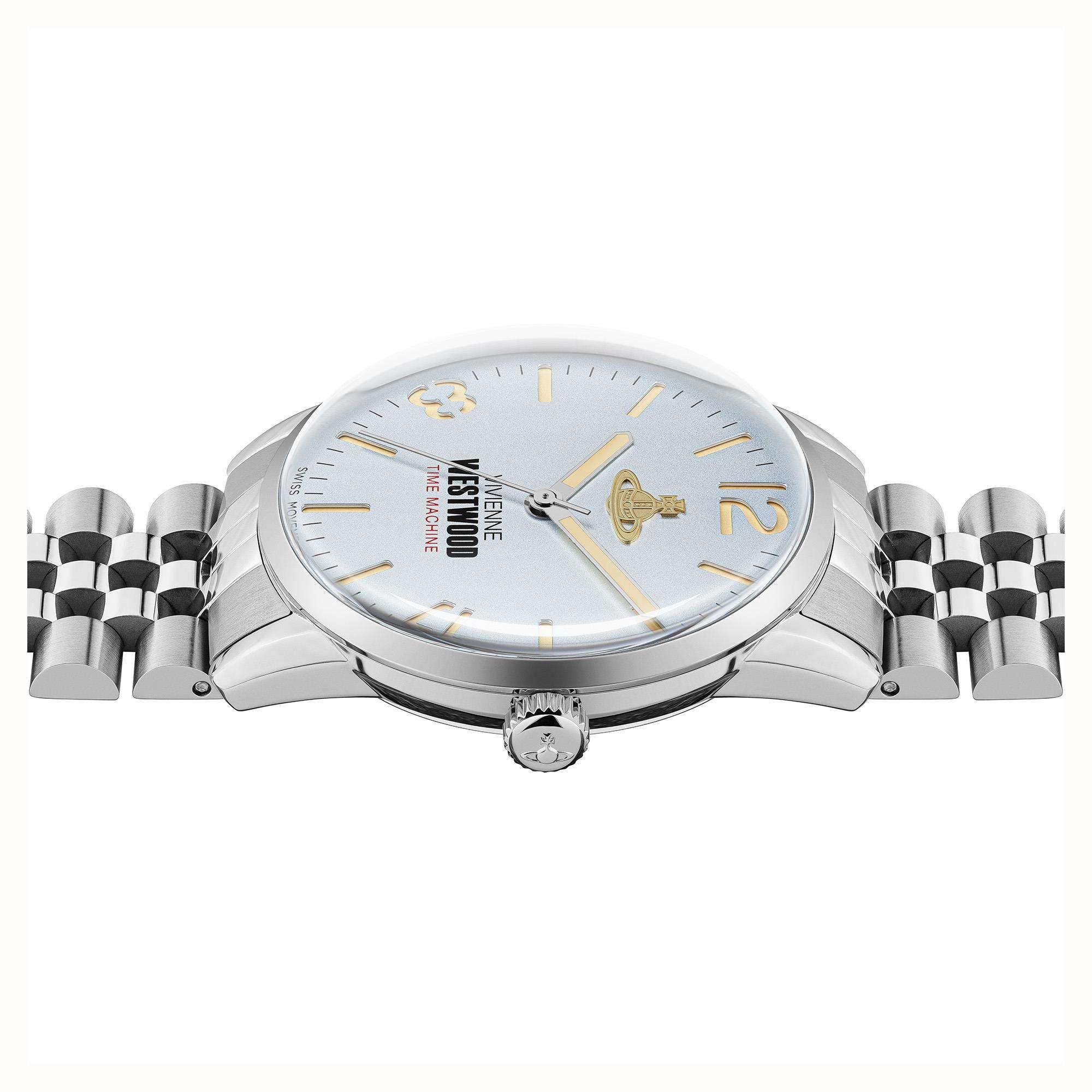 Top-down view of Vivienne Westwood Cadogan watch face and bracelet