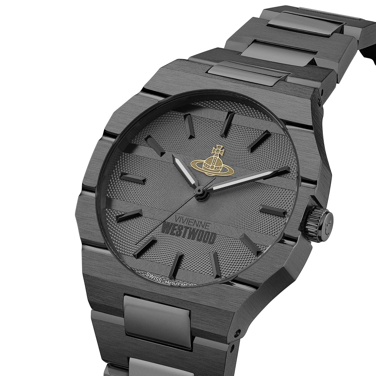 The Bank watch three-quarter angle view showing gunmetal bracelet and dark dial