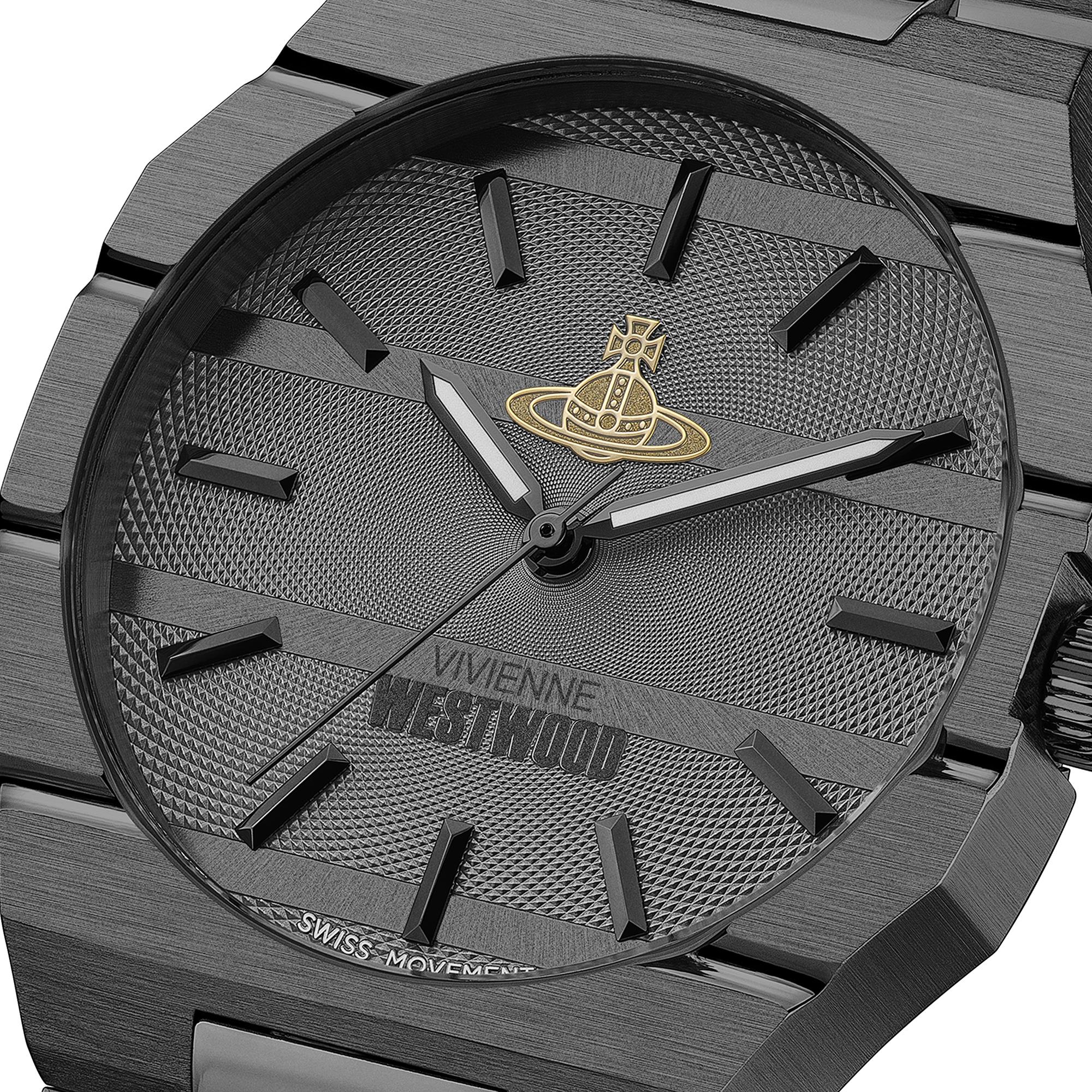 Close-up of The Bank dial with textured surface, gold orb logo, and applied hour markers
