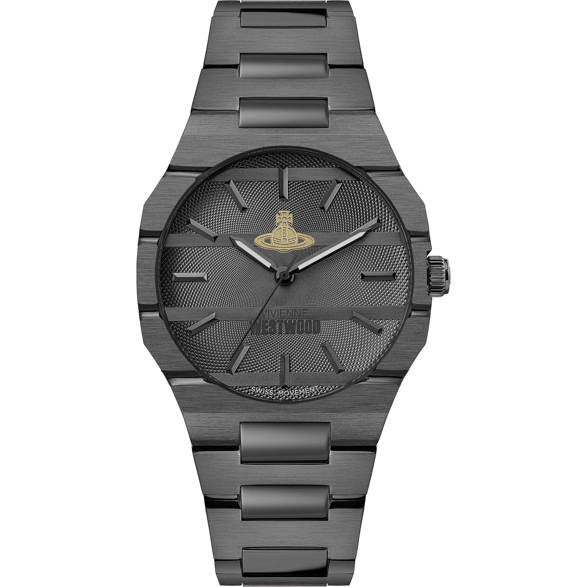 Vivienne Westwood The Bank black gunmetal watch with textured dial and gold orb logo