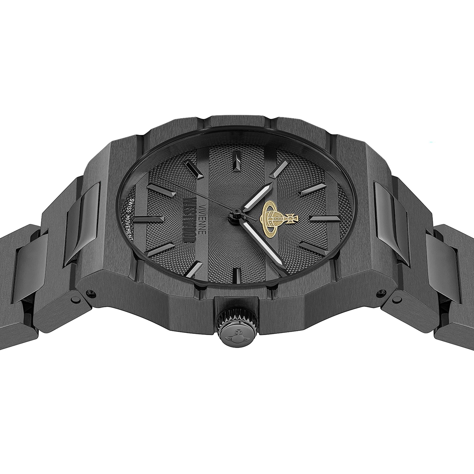 The Bank watch side view showing case profile and gunmetal stainless steel construction