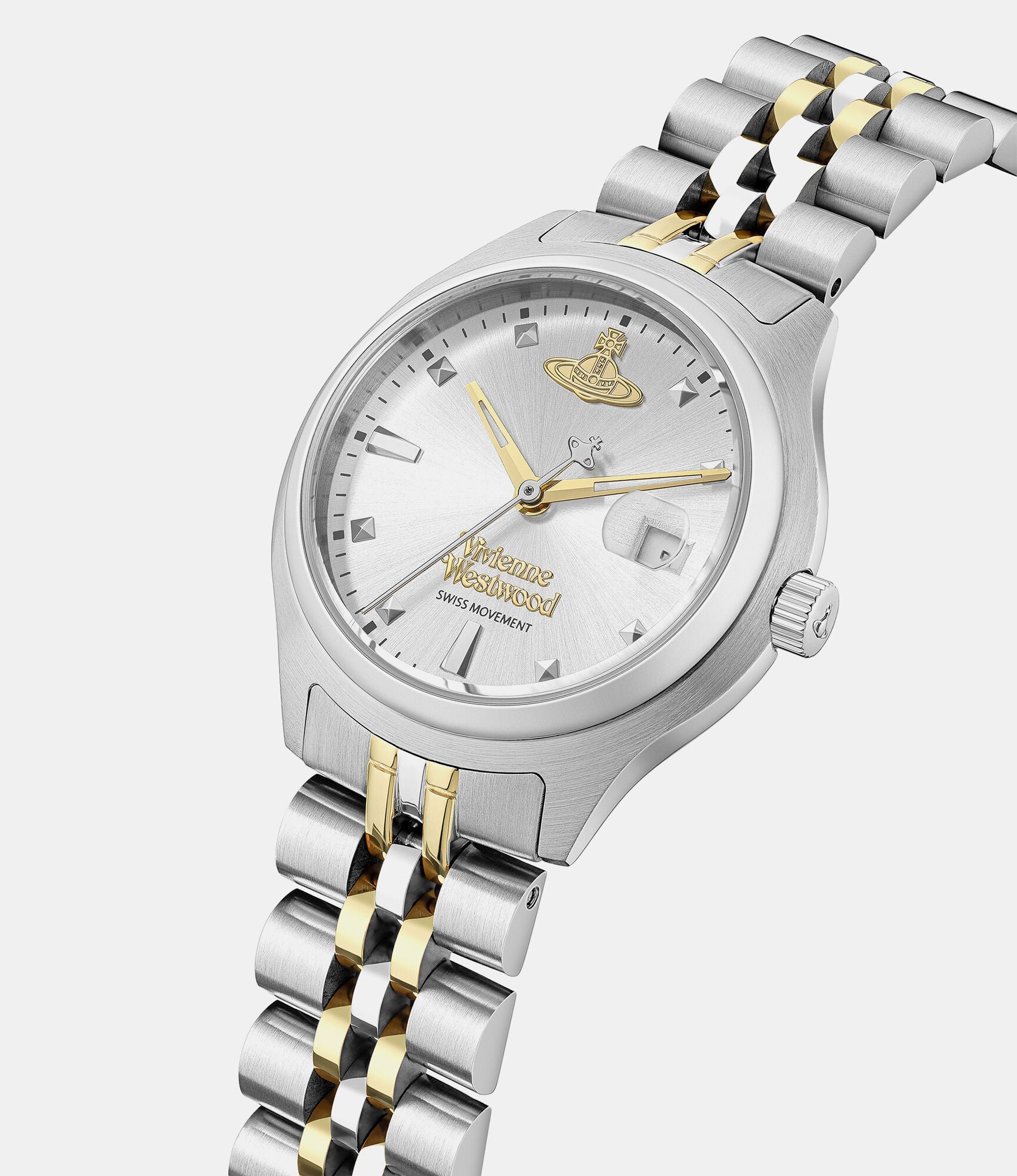 Angled view of Vivienne Westwood Little Camberwell watch showing two-tone silver and gold bracelet