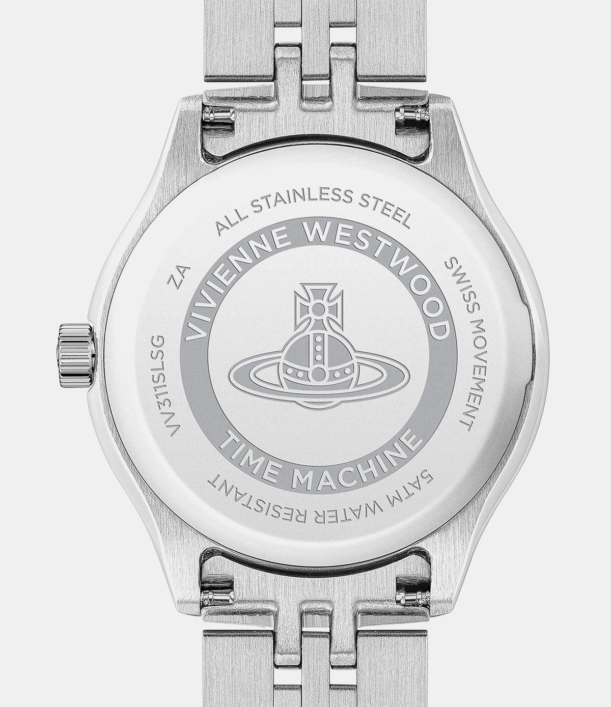 Caseback of Vivienne Westwood Little Camberwell showing engraved orb logo and Time Machine text