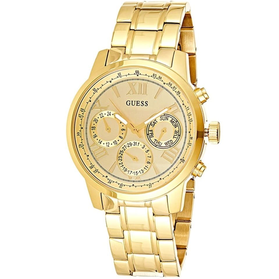 Guess Sunrise gold chronograph watch with multifunction dial and gold metal bracelet
