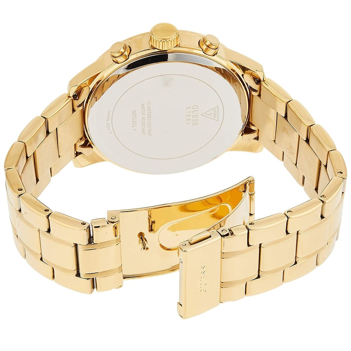 Guess Sunrise watch case back showing gold tone metal and engraved Guess branding