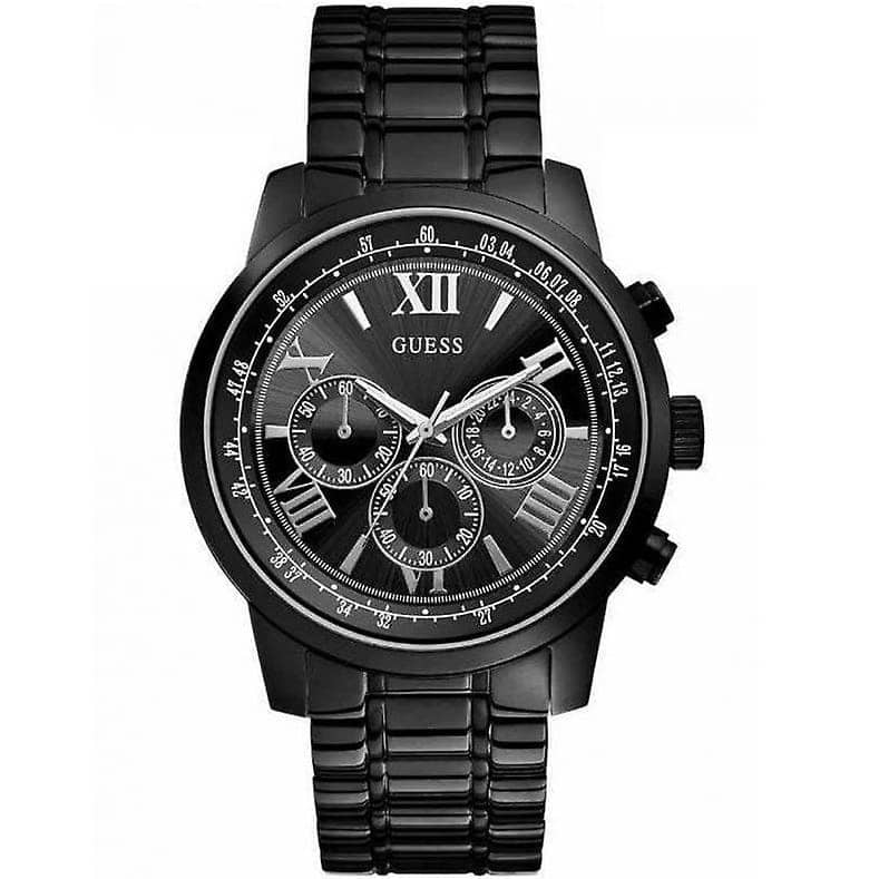 Guess Horizon Chronograph black metal watch with Roman numeral dial and chronograph sub-dials