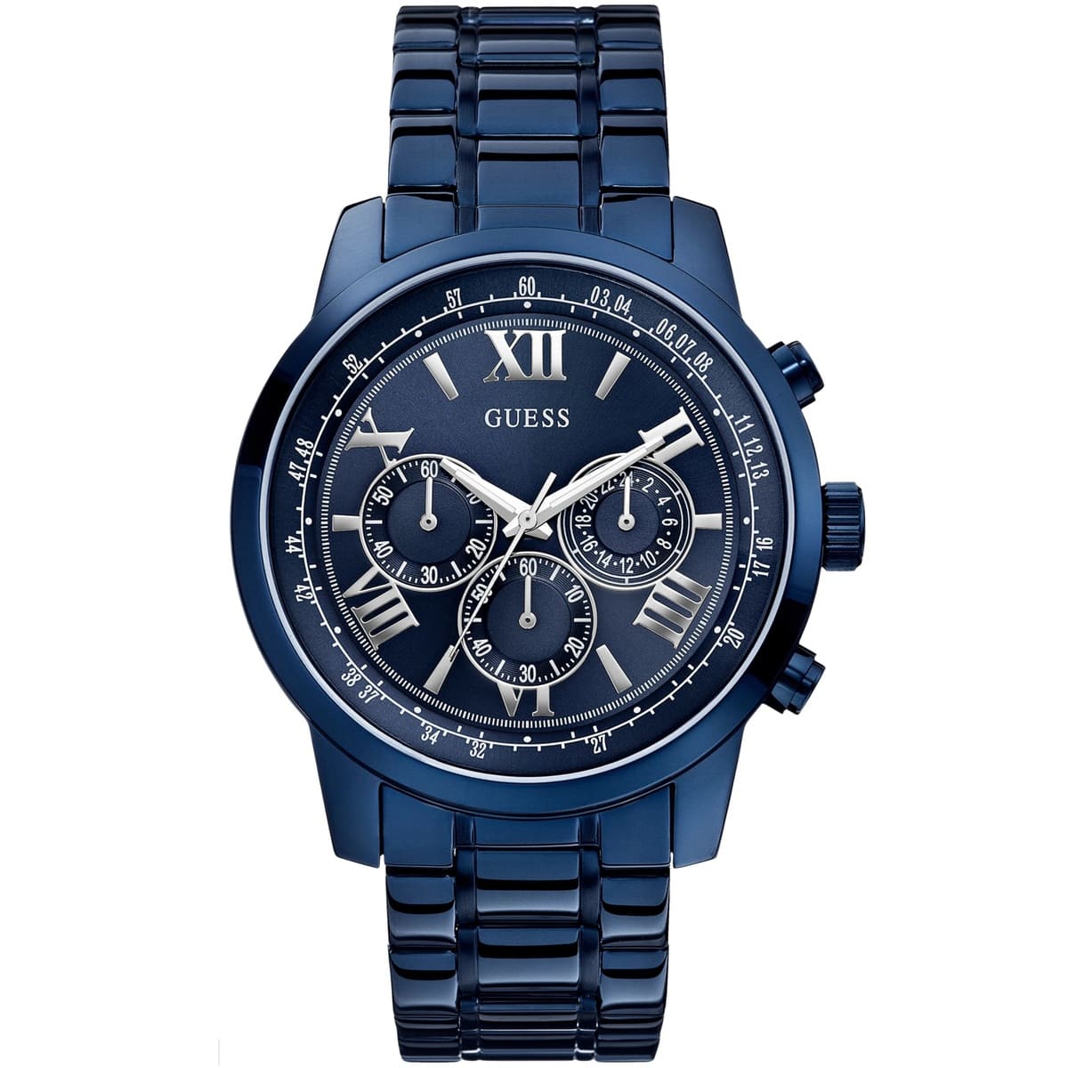 Guess Horizon chronograph watch with black dial, blue steel case and strap