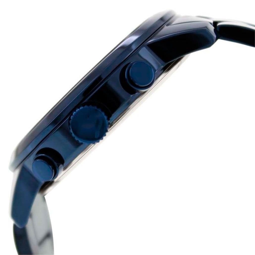 Guess Horizon chronograph watch detail showing pushers and crown on blue steel case