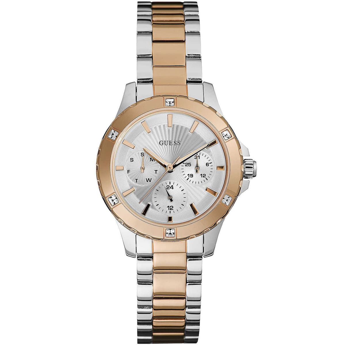 Guess Mist women's watch with silver dial, two-tone rose gold and silver stainless steel strap