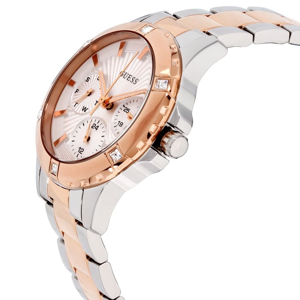 Side profile of Guess Mist women's watch showing chronograph subdials and crystal-set bezel