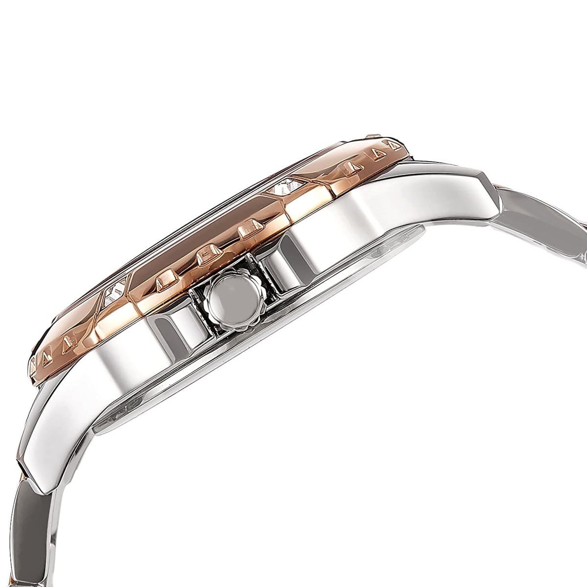 Side view of Guess Mist watch showing case depth and two-tone metal bracelet links