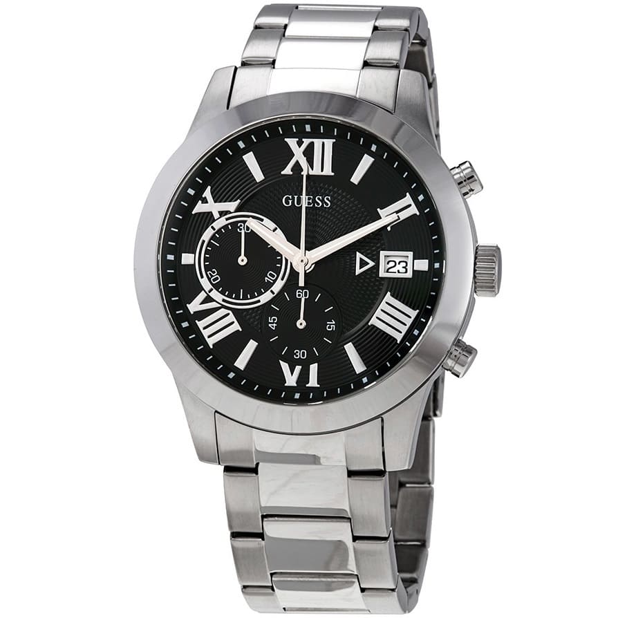 Guess W0668G3 watch three-quarter view showing stainless steel case and bracelet