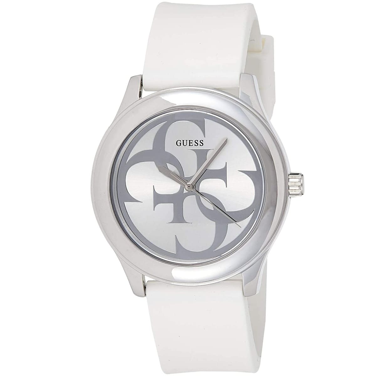 Guess G Twist watch angled view showing silver case and white strap
