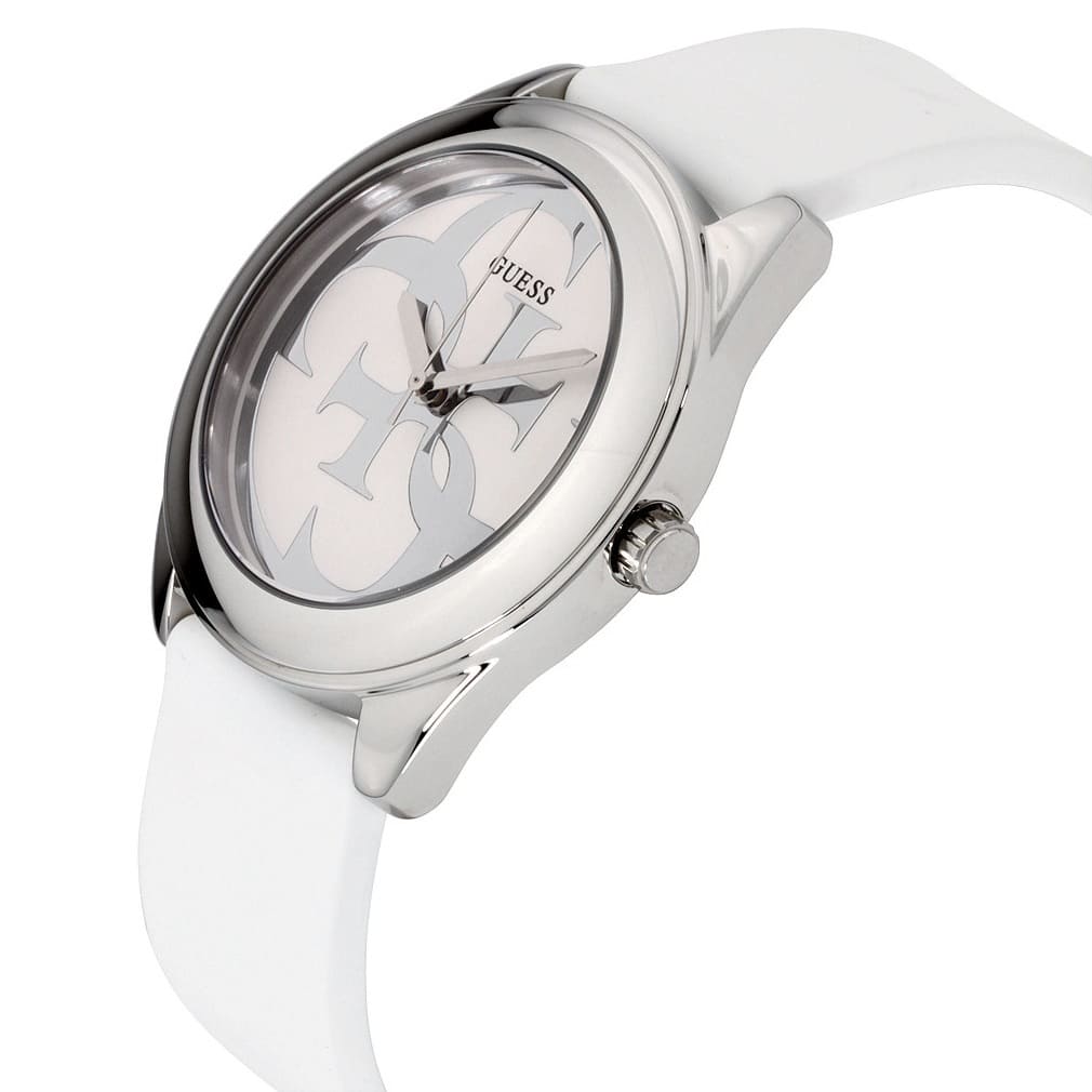 Side view of Guess G Twist watch with white silicone strap