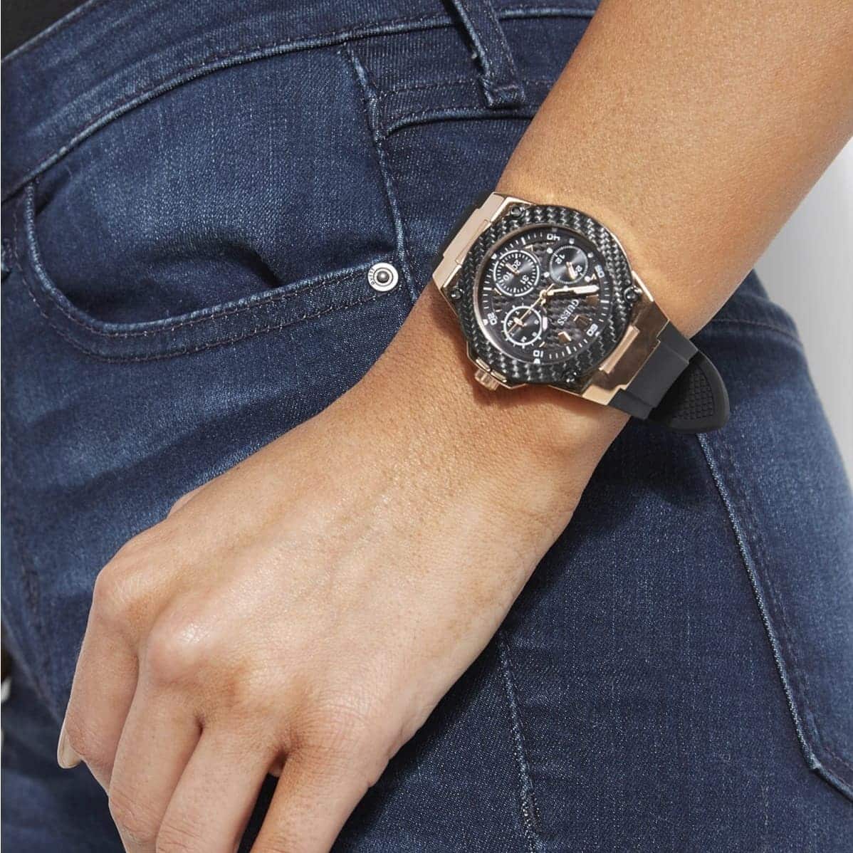 Guess Zena chronograph on wrist with black dial and rose gold accents
