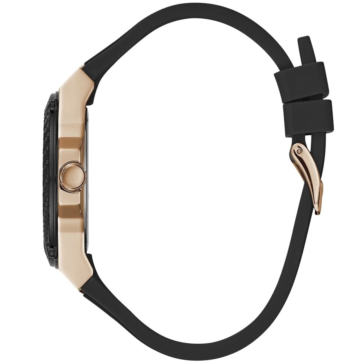 Guess Zena watch side view showing rose gold case and black rubber strap