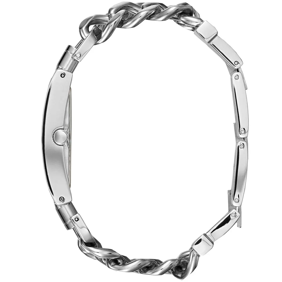 Guess W1121L1 silver chain bracelet strap shown flat with twisted and link design