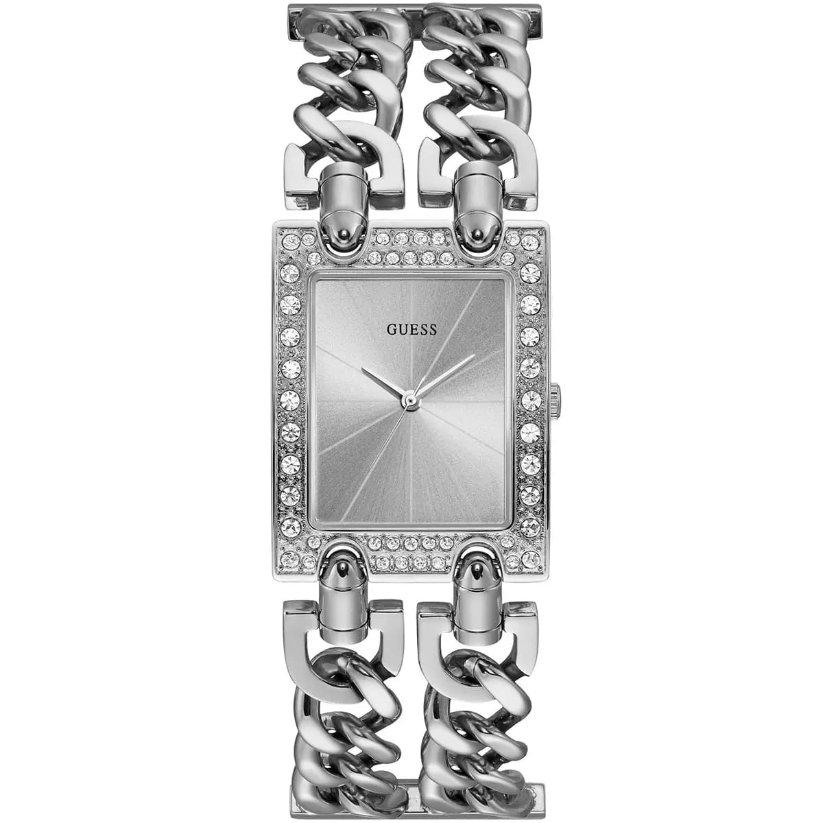Guess W1121L1 silver women's watch with square dial, crystal bezel, and chain strap