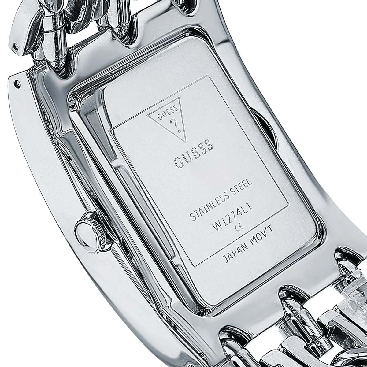 Close-up of GUESS TREND watch caseback with engraved branding and stainless steel detail