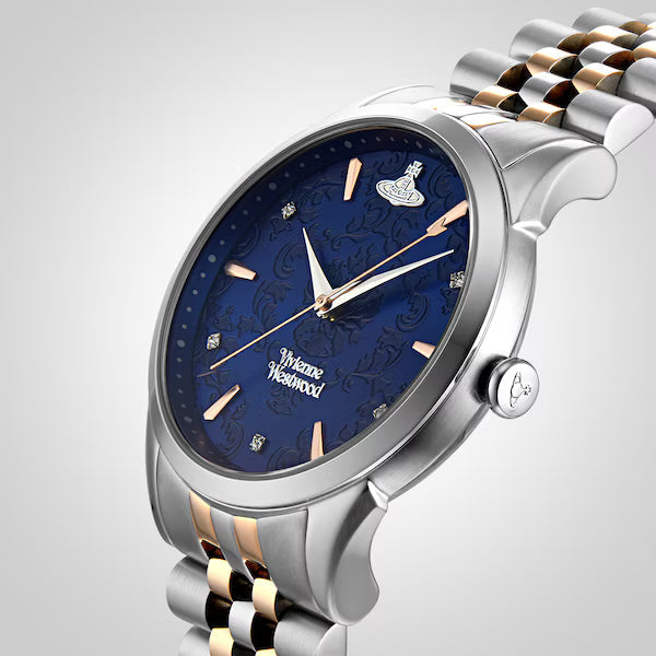 Side angle view of Wallace VV208DBLSR watch showing dark blue dial with rose gold accents