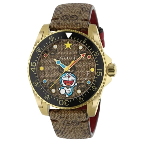 GUCCI Dive Doraemon Ltd Edtn 40mm Gold Designer Mens Watch YA136335