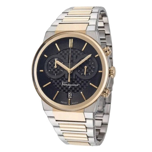 Ferragamo Swiss Made Quartz Two Tone Stainless Steel Black Dial 41mm Men's Watch - SFME00921