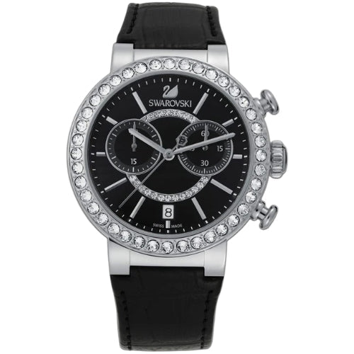Swarovski Citra Sphere Chronograph Black Dial Black Leather Strap Watch for Women - 5027131