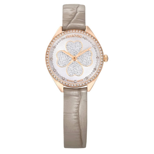 Swarovski Attract Clover Crystals Silver Dial Grey Leather Strap Watch for Women - 5653350