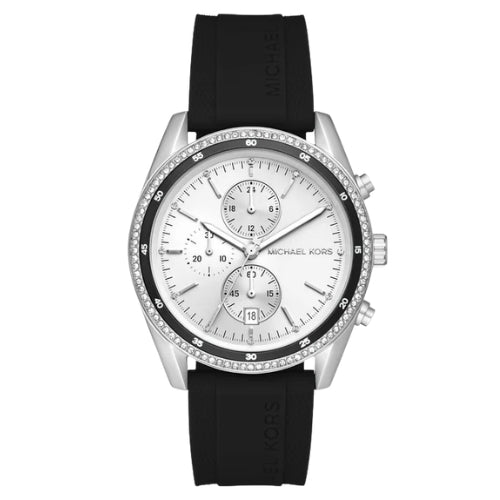 Michael Kors Chronograph Silver Dial Black Rubber Strap Women's Watch - MK7486