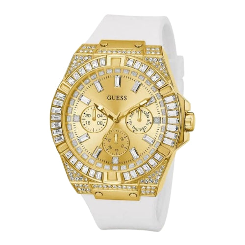 Guess Baguette Crystals Gold Dial Men Watch - GW0208G3