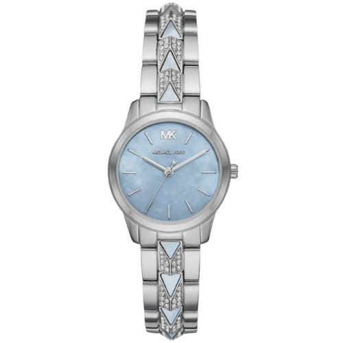 Michael Kors Runway Mercer Quartz Mother of Pearl Blue Dial Silver Steel Strap Watch For Women - MK6857