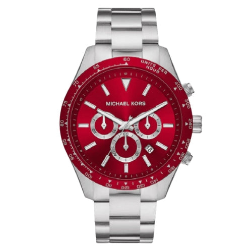Michael Kors Layton Chronograph Red Dial Silver Steel Strap Watch For Men - MK8822