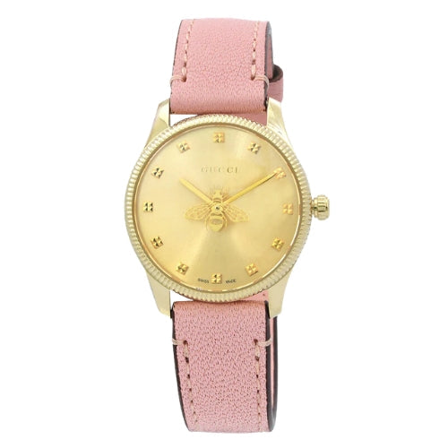 Gucci G-Timeless Yellow Gold PVD Gold Dial Pink Leather Strap Quartz Womens Watch YA1265041