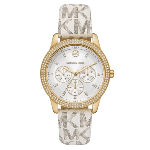 Michael Kors Tibby Multifunction Silver Dial White Leather Strap Watch For Women - MK6967