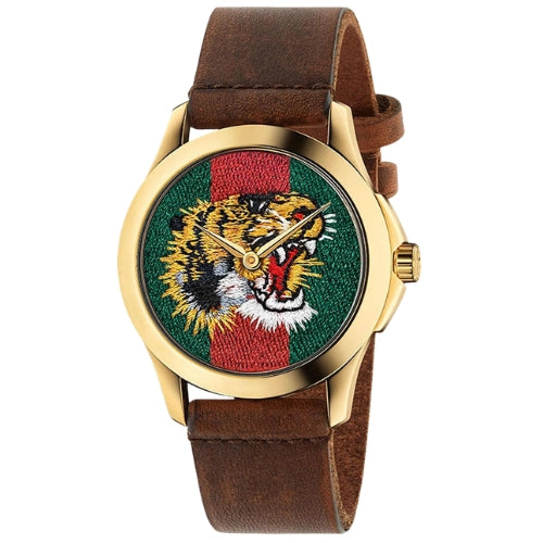 Gucci Le Marche Des Merveilles Red & Green Dial Brown Leather Strap Unisex Watch - YA126497