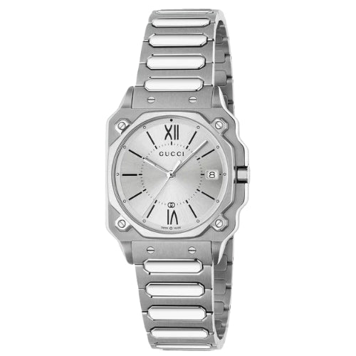 Gucci G-Flat Quartz Stainless Steel 30MM Silver Dial Women's Watch YA166504