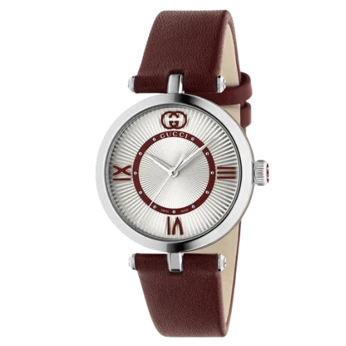 Gucci Model 2000 Stainless Steel Silver Dial Red Leather Strap Quartz Womens Watch YA167508