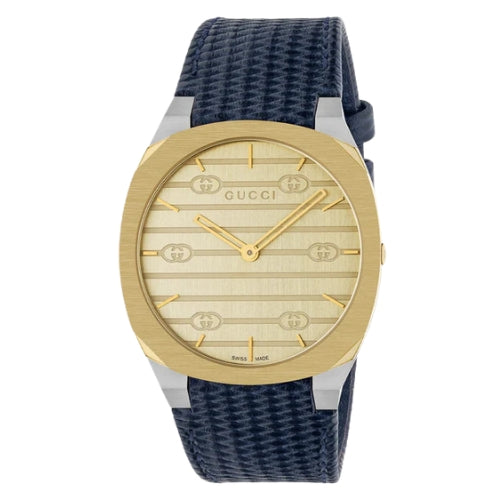 GUCCI 25H 38MM Quartz SS 18K Gold Plated Case Blue LTHR Unisex Watch YA163418
