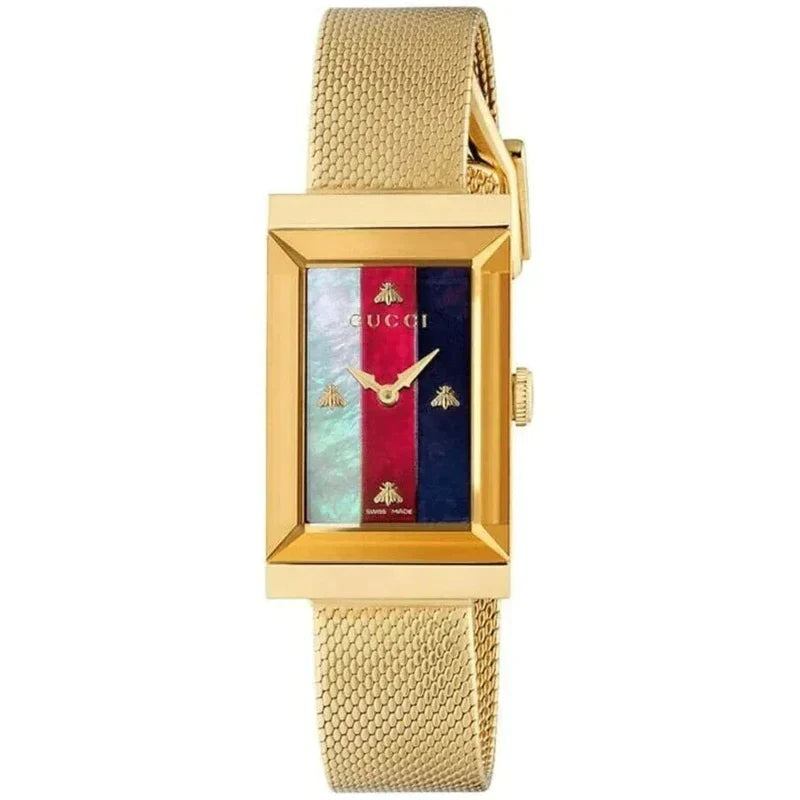 Gucci G-Frame Quartz White, Red, Blue Web Mother of Pearl Dial Gold Ladies Watch - YA147410
