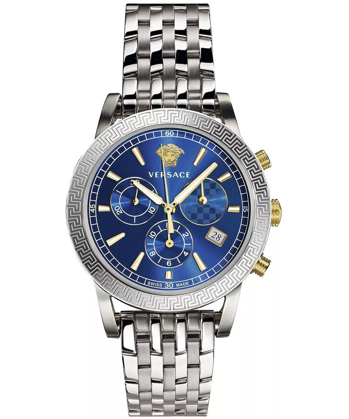 Versace watch with blue face and silver metal strap on white background
