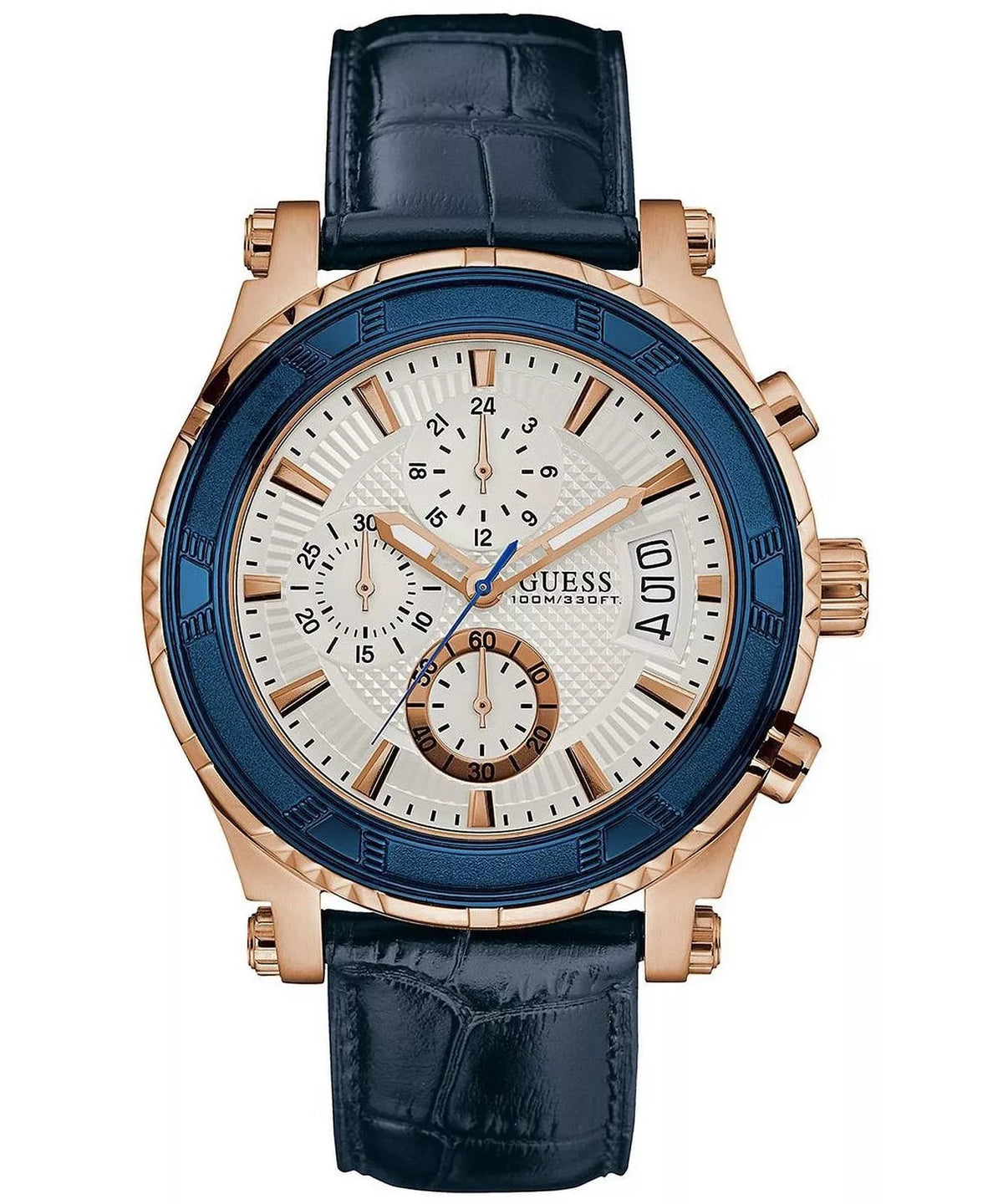Guess Pinnacle Chronograph White Dial Blue Leather Strap Watch For Men - W0673G6